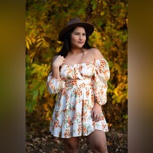 Floral Puff Sleeve Mini Dress Cottagecore Boho Spring White Orange